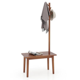 Costway Wooden Hall Tree W/ Coat Rack Freestanding Coat Stand & Shoe Bench W/ 4 Hooks - thumbnail 2