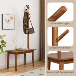 Costway Wooden Hall Tree W/ Coat Rack Freestanding Coat Stand & Shoe Bench W/ 4 Hooks - thumbnail 9