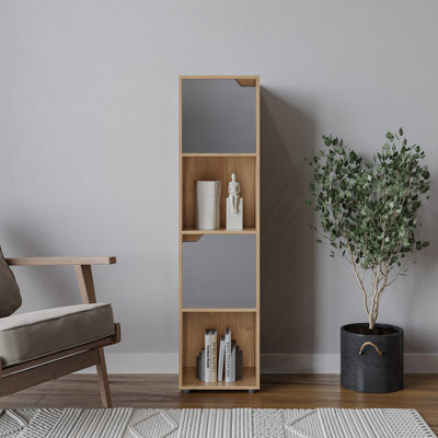 Urbn-Living Urbnliving 119Cm Height Oak 4 Cube Bookcase Shelving Display Shelf Storage Unit Grey Wooden Door Organiser - image 1