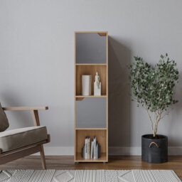 Urbn-Living Urbnliving 119Cm Height Oak 4 Cube Bookcase Shelving Display Shelf Storage Unit Grey Wooden Door Organiser - thumbnail 1