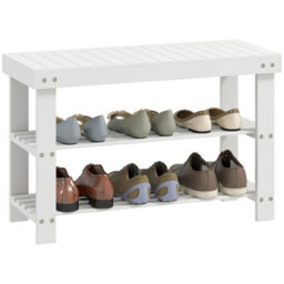 Homcom 3-Tier Bamboo Shoe Bench With 2 Shelves For Entryway, White - thumbnail 2