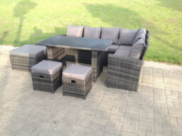 Fimous 9 Seater High Back Rattan Garden Furniture Set Corner Sofa With Black Tempered Glass Dining Table 3 Stool - thumbnail 2