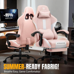 Gtplayer Fabric Gaming Chair, Ergonomic Computer Chair With Footrest Lumbar Support Heavy Duty Svivel Office Desk Chairs, Pink - thumbnail 8