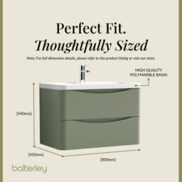 Balterley Dunwood Wall Hung 2 Drawer Bathroom Vanity Unit & Polymarble Basin, Satin Green, 755mm - thumbnail 5