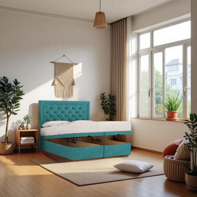 "Knight Sleep Athens Ottoman Bed Light Blue Plush 5Ft  With Mattress & 24""headboard - King" - image 1