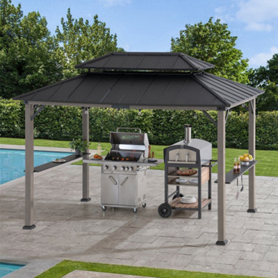Sunjoy 3.6X2.4M Wood Frame Grill Gazebo, Anthracite Hardtop With Electrical Outlets & Shelves - image 1