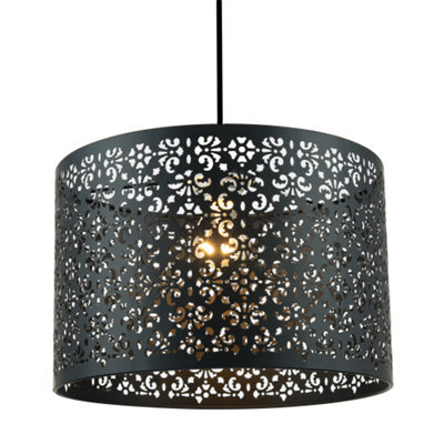 Happy Homewares Moroccan Designed Matte Black Metal Pendant Light Shade With Floral Decoration - image 1