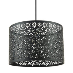 Happy Homewares Moroccan Designed Matte Black Metal Pendant Light Shade With Floral Decoration - thumbnail 2