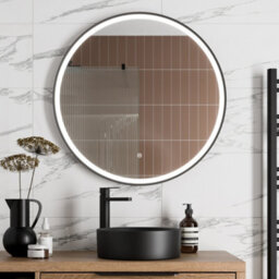 Aveli Round Led Mirror Illuminated Touch Bathroom Demister Mains Matt Black 800mm