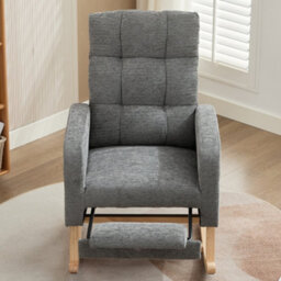 Btm Waffle Fabric Rocking Chair With Adjustable Footrest, Wooden Legs, Side Pockets, High Back, Grey - thumbnail 9