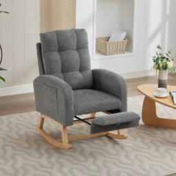 Btm Waffle Fabric Rocking Chair With Adjustable Footrest, Wooden Legs, Side Pockets, High Back, Grey - thumbnail 5