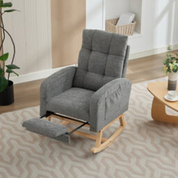 Btm Waffle Fabric Rocking Chair With Adjustable Footrest, Wooden Legs, Side Pockets, High Back, Grey - thumbnail 6