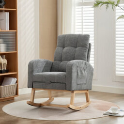 Btm Waffle Fabric Rocking Chair With Adjustable Footrest, Wooden Legs, Side Pockets, High Back, Grey - thumbnail 4