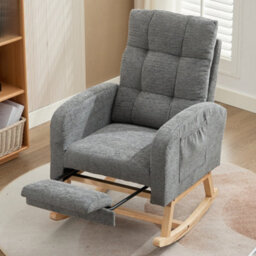 Btm Waffle Fabric Rocking Chair With Adjustable Footrest, Wooden Legs, Side Pockets, High Back, Grey - thumbnail 7