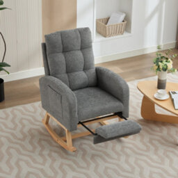 Btm Waffle Fabric Rocking Chair With Adjustable Footrest, Wooden Legs, Side Pockets, High Back, Grey - thumbnail 3