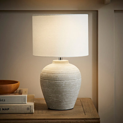 Valuelights Reid Linen Drum Lamp Shade Stone Grey Ribbed Ceramic Small Table Lamp - image 1