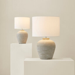 Valuelights Reid Linen Drum Lamp Shade Stone Grey Ribbed Ceramic Small Table Lamp - thumbnail 6