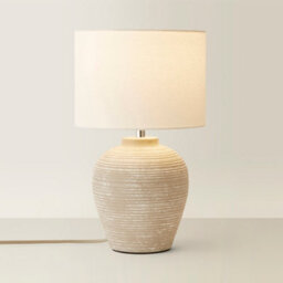 Valuelights Reid Linen Drum Lamp Shade Stone Grey Ribbed Ceramic Small Table Lamp - thumbnail 2
