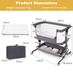 Costway Baby Bassinet Bedside Sleeper Bedside Crib W/ 6-Level Adjustable Height-Dark Grey - thumbnail 2