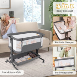 Costway Baby Bassinet Bedside Sleeper Bedside Crib W/ 6-Level Adjustable Height-Dark Grey - thumbnail 3