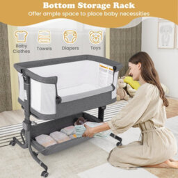 Costway Baby Bassinet Bedside Sleeper Bedside Crib W/ 6-Level Adjustable Height-Dark Grey - thumbnail 7