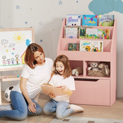 Homcom Kids Bookcase, Toy Box W/ Storage Drawer, Wheels For Bedroom - Pink - image 1