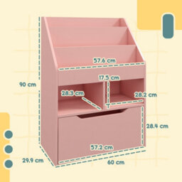 Homcom Kids Bookcase, Toy Box W/ Storage Drawer, Wheels For Bedroom - Pink - thumbnail 3