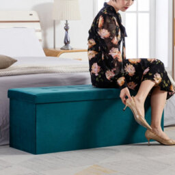 Hnnhome 110X40X40Cm Velvet Pouffe Folding Storage Ottoman Footstool Box Toy Chest With Lid, Foldable Foot Stool Seat(Teal) - thumbnail 5