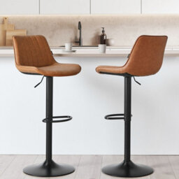 Wyld And Coco Luxehome Brown Faux Leather Bar Stool Set Of 2 - Height Adjustable Swivel With Footrest - thumbnail 2