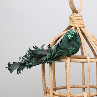 Pair Of Decorative Green Showfeather Birds With Clip. Craft Accessory.