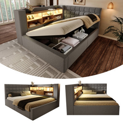 Btm 4Ft6 Double Upholstered Daybed 135 X 190 Cm, Hydraulic Storage Sofa Bed With Usb And Type C Charging, Linen, Grey - image 1