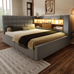 Btm 4Ft6 Double Upholstered Daybed 135  X 190 Cm, Hydraulic Storage Sofa Bed With Usb And Type C Charging, Linen, Grey - thumbnail 9