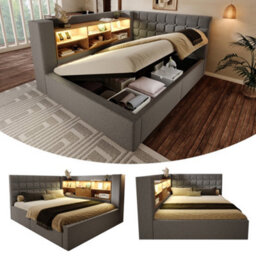 Btm 4Ft6 Double Upholstered Daybed 135  X 190 Cm, Hydraulic Storage Sofa Bed With Usb And Type C Charging, Linen, Grey - thumbnail 1
