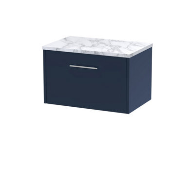 Hudson Reed Juno Wall Hung 1 Drawer Vanity & Carrera Marble Worktop, Midnight Blue Finish, 605 X 390 mm - image 1