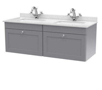 Balterley Swynnerton Traditional 2 Drawer Wall Hung Vanity Unit With Double Marble Basin, Satin Grey, 1200mm - image 1
