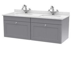 Balterley Swynnerton Traditional 2 Drawer Wall Hung Vanity Unit With Double Marble Basin, Satin Grey, 1200mm - thumbnail 1