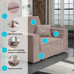 Sofa Bed Pull Out Storage Viva Star I Poso Pink Freestanding Living Room Furniture 123 Cm - thumbnail 6