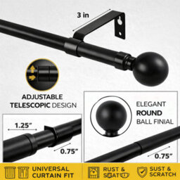 Shopnbits Black Extendable Curtain Pole Set 120 To 210Cm 28mm Diameter Metal Rod Ball Finials Rings Brackets - thumbnail 3