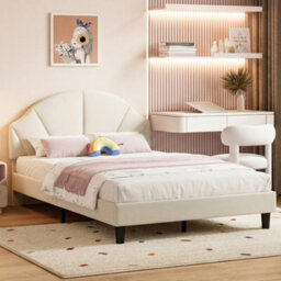 4Ft6 Double Upholstered Bed With Adjustable Headboard For Kids, Velvet Beige - thumbnail 4