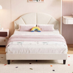 4Ft6 Double Upholstered Bed With Adjustable Headboard For Kids, Velvet Beige - thumbnail 2