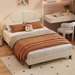4Ft6 Double Upholstered Bed With Adjustable Headboard For Kids, Velvet Beige - thumbnail 1