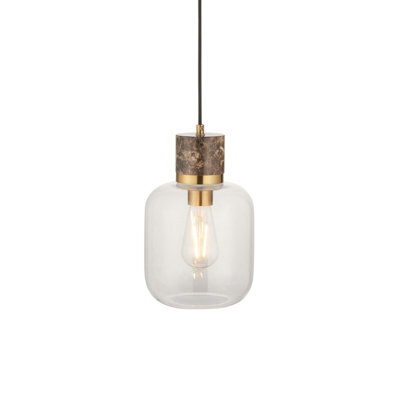 Luminosa Lighting Luminosa Travi Slim Pendant Ceiling Light Dark Brown Emperador Marble, Vintage Brass & Clear Glass E27 - image 1