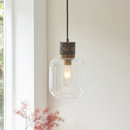 Luminosa Lighting Luminosa Travi Slim Pendant Ceiling Light Dark Brown Emperador Marble, Vintage Brass & Clear Glass E27 - thumbnail 3