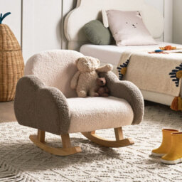 Wyld And Coco Kids Rocking Chair Beige Boucle With Cloud Armrests, Wide Seat, Rubberwood Legs (W54 X D54 X H52Cm) - thumbnail 2