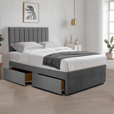Grey Plush 4Ft Small Double Bed With Matttress 2 Storage Drawers And 20 Inch Vertical Line Headboard - image 1