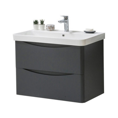 Clifton Bathroom Wall Mounted 2-Drawer Vanity Unit With Basin 800mm Wide - Matt Graphite - (Arch) - Brassware Not Included - image 1