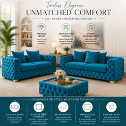 Stratus Interiors Ashley Teal Blue Chesterfield Scatter Back Sofa Collection With Sophisticated Charm-Set - thumbnail 5