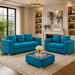 Stratus Interiors Ashley Teal Blue Chesterfield Scatter Back Sofa Collection With Sophisticated Charm-Set