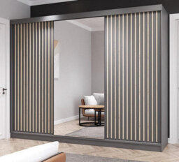 Fhi Kingston 250Cm Grey Sliding Door Wardrobe Modern Bedroom Storage With Full Length Mirror Shelves And Hanging Rails