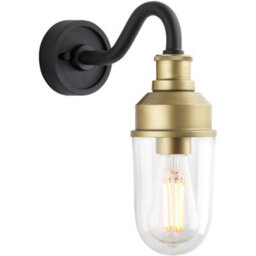 Loops Ip44 Outdoor Wall Light - Textured Black & Gold Curved Arm - Garage Porch Lamp